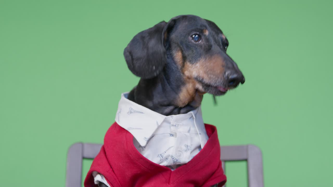 joven cachorro de dachshund activo en camisa blanca y chaqueta rosa salta sentado en una silla en el fondo verde chromakey vista de cerca