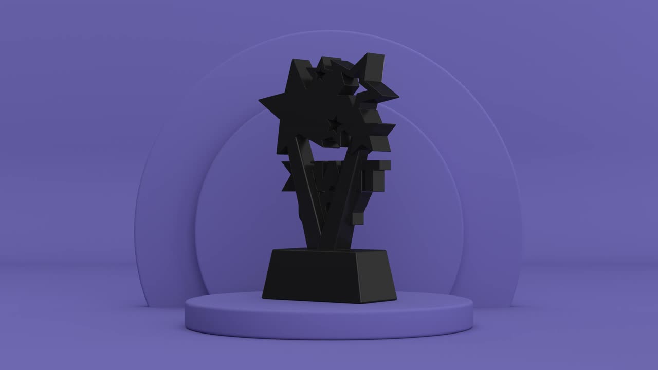 video de resolución 4k: trofeo de premio con el signo de agradecimiento dorado girando sobre violeta muy peri cilindros productos pedestal de escenario en un violeta muy peri animación de bucle de fondo