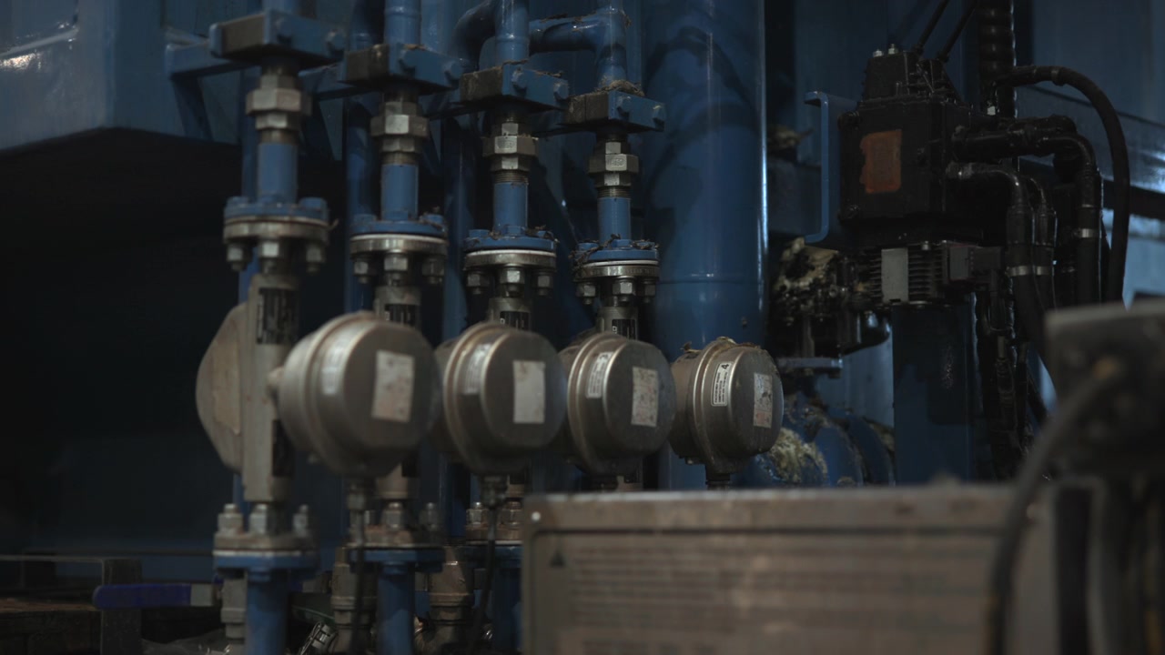 Una vista laterale dettagliata di macchinari industriali in un ambiente di fabbrica, con tubi e valvole metallici nei toni del blu e del grigio. L'atmosfera neutra e l'ambiente pulito rendono questa scena ideale
