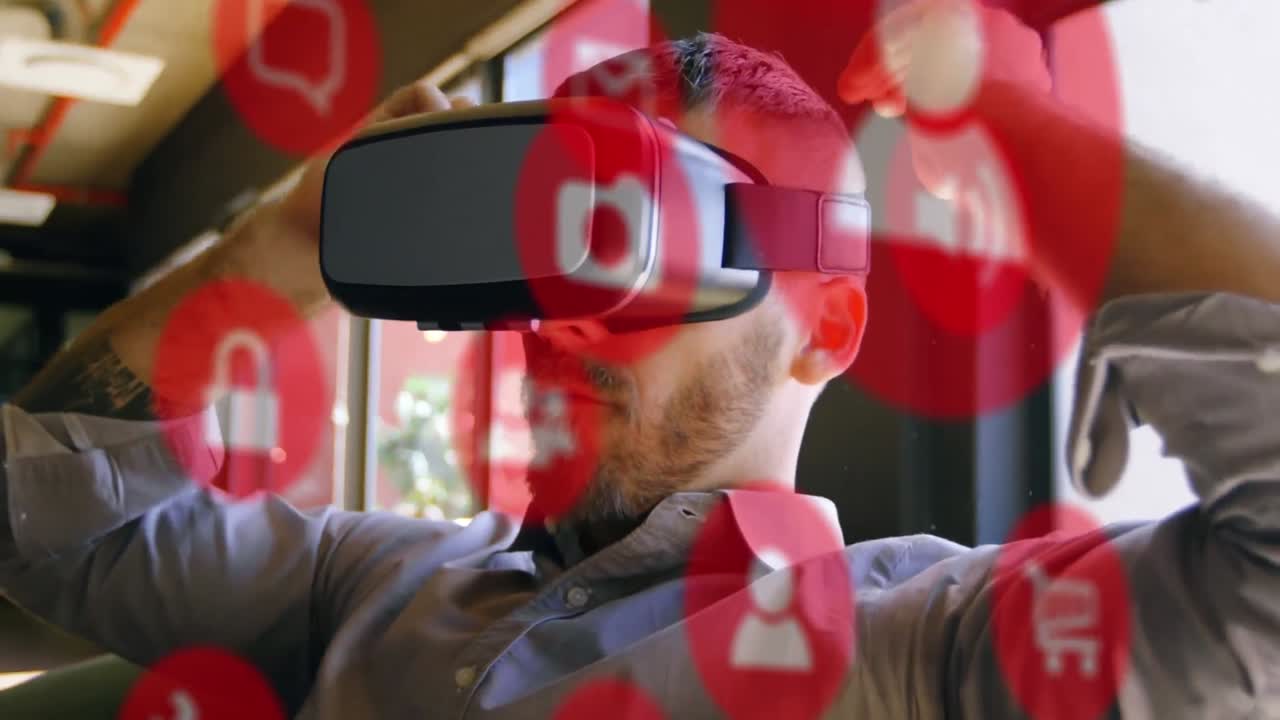 animación de iconos digitales sobre un hombre de negocios caucásico con auriculares vr