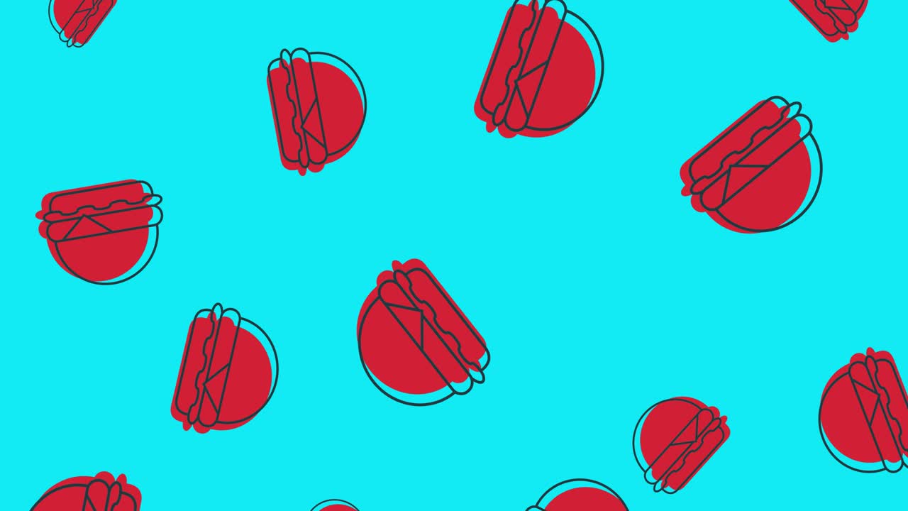 animación de varias hamburguesas rojas flotando sobre un fondo azul