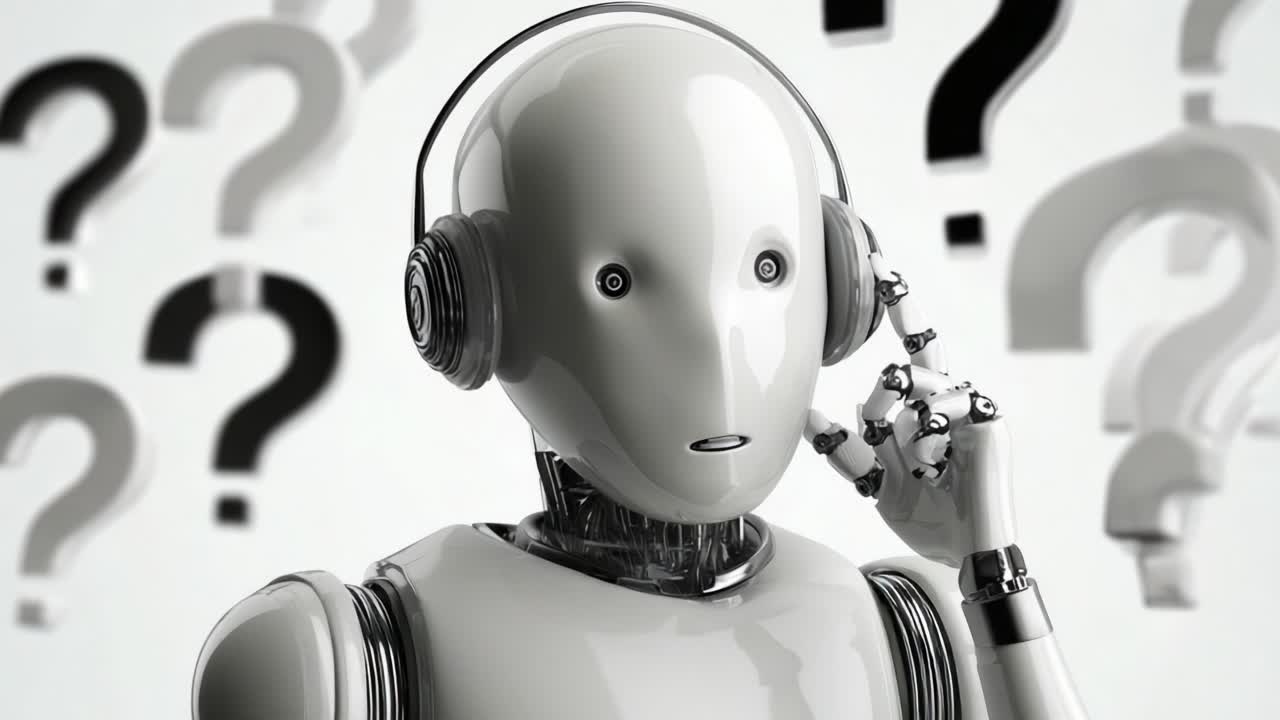 A curious robot wearing headphones reflects on unanswered questions, highlighting the intersection of technology and human curiosity in an ever-evolving digital landscape