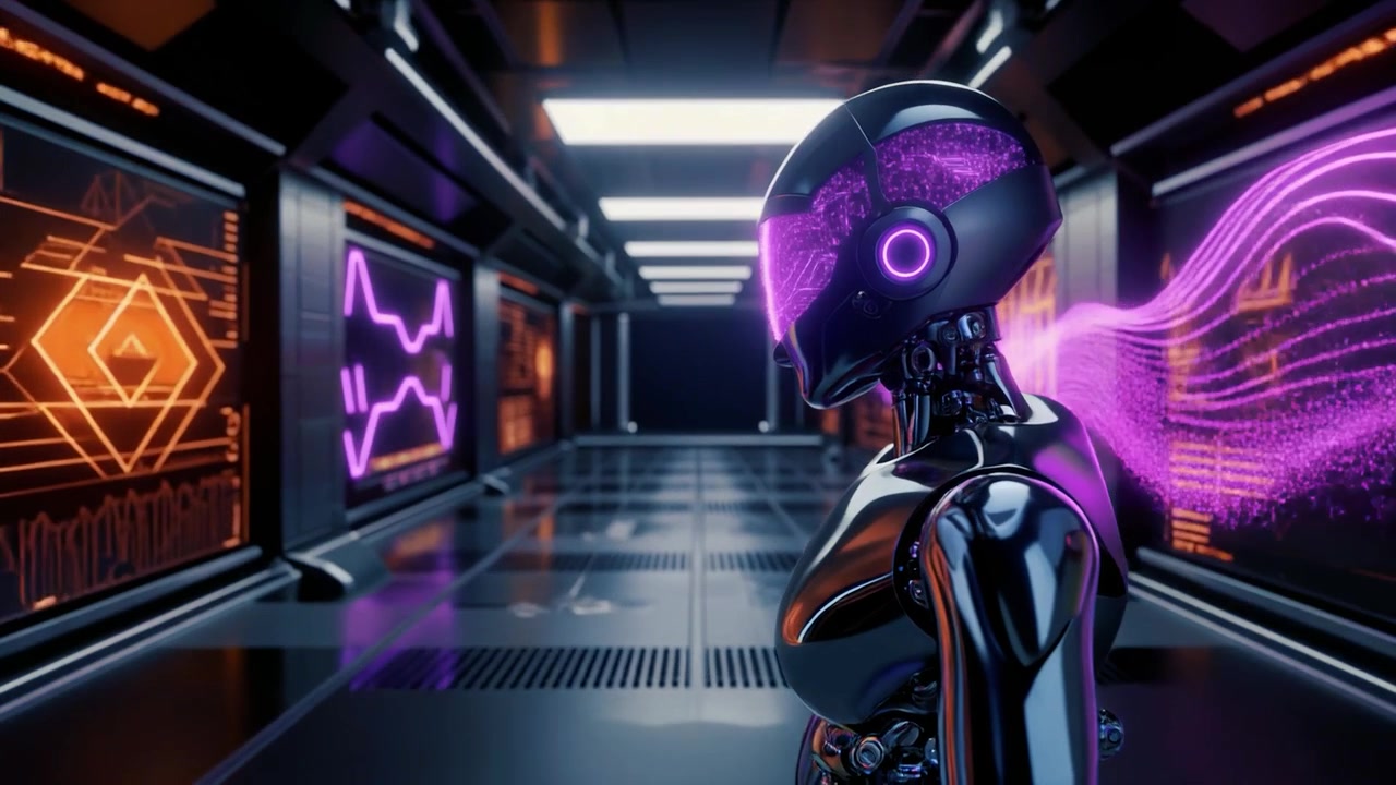 Androide futuristico in piedi in un corridoio digitale ad alta tecnologia