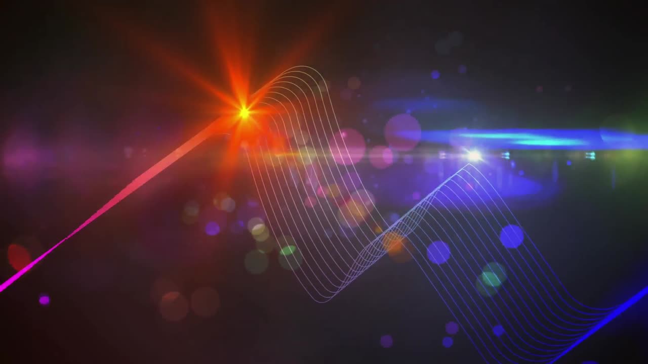 Digital animation of light trail and spot of light over purple mosaic squares on black background