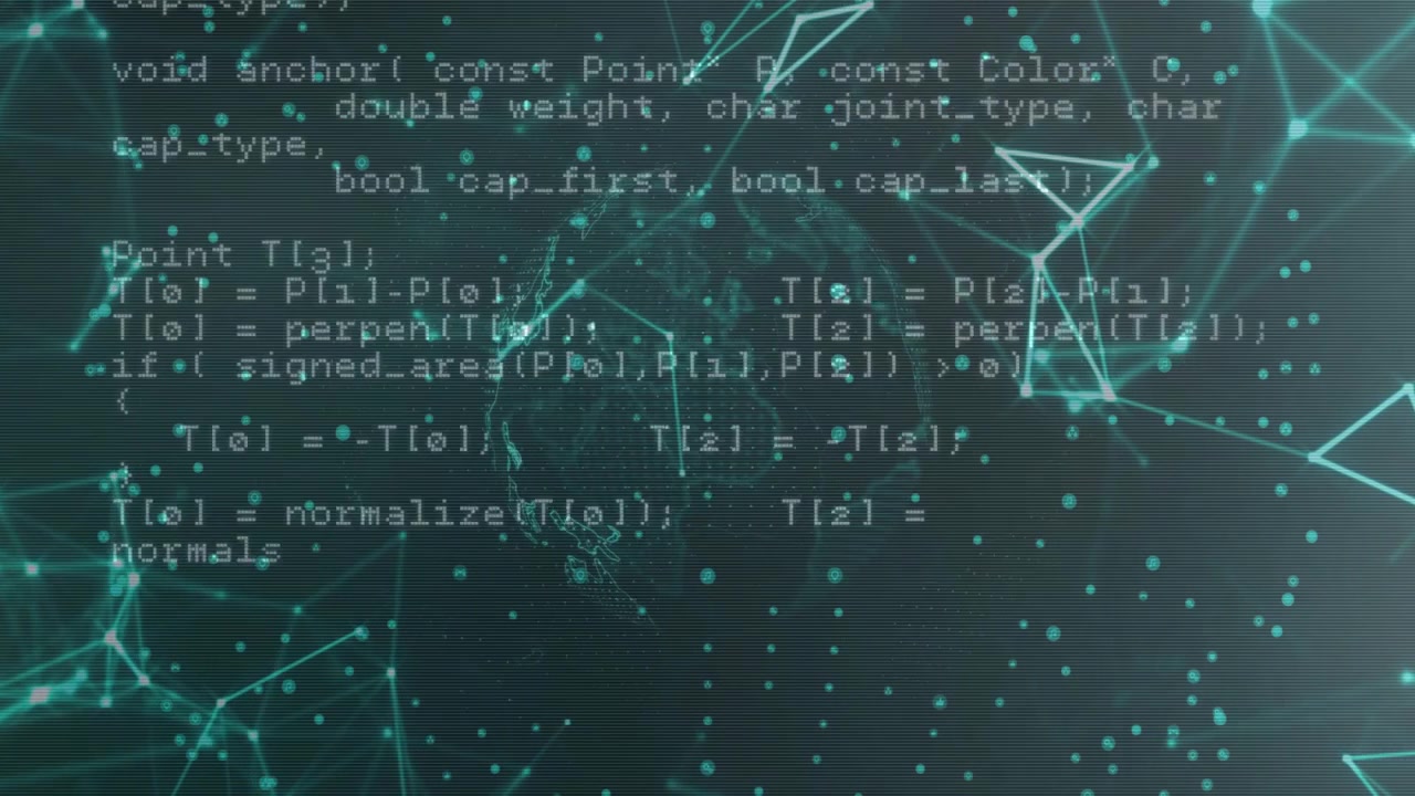 C++ code starting data reading loop rotating map pulsing mesh and dots illustrating data flow