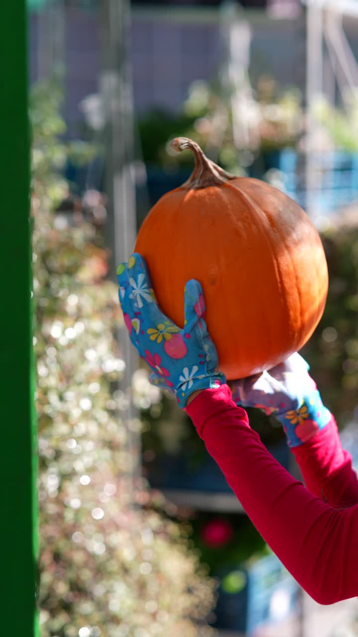 꽃 장갑 에 호박 을 들고 있는 여자