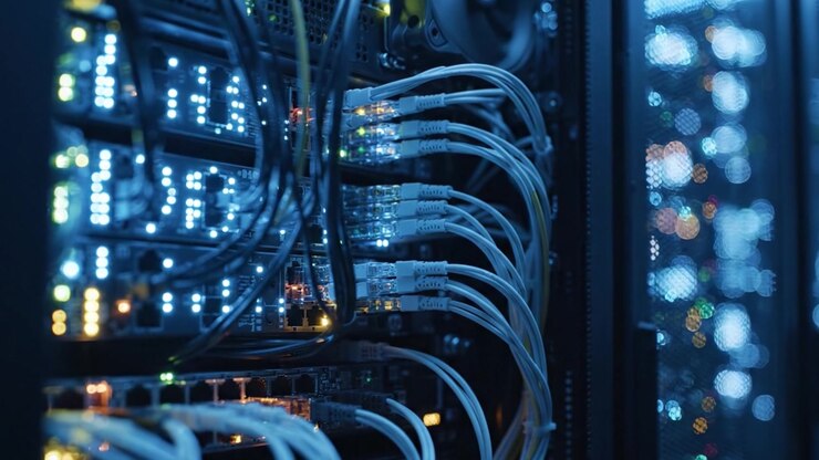 Illuminated data center showcasing intricate server connections and vibrant LED displays representing the heartbeat of modern technology and data processing.