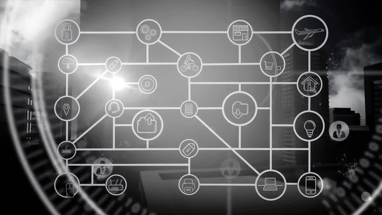 디지털 아이콘은 현대적인 오피스 빌딩에 대한 네트워크를 형성합니다.