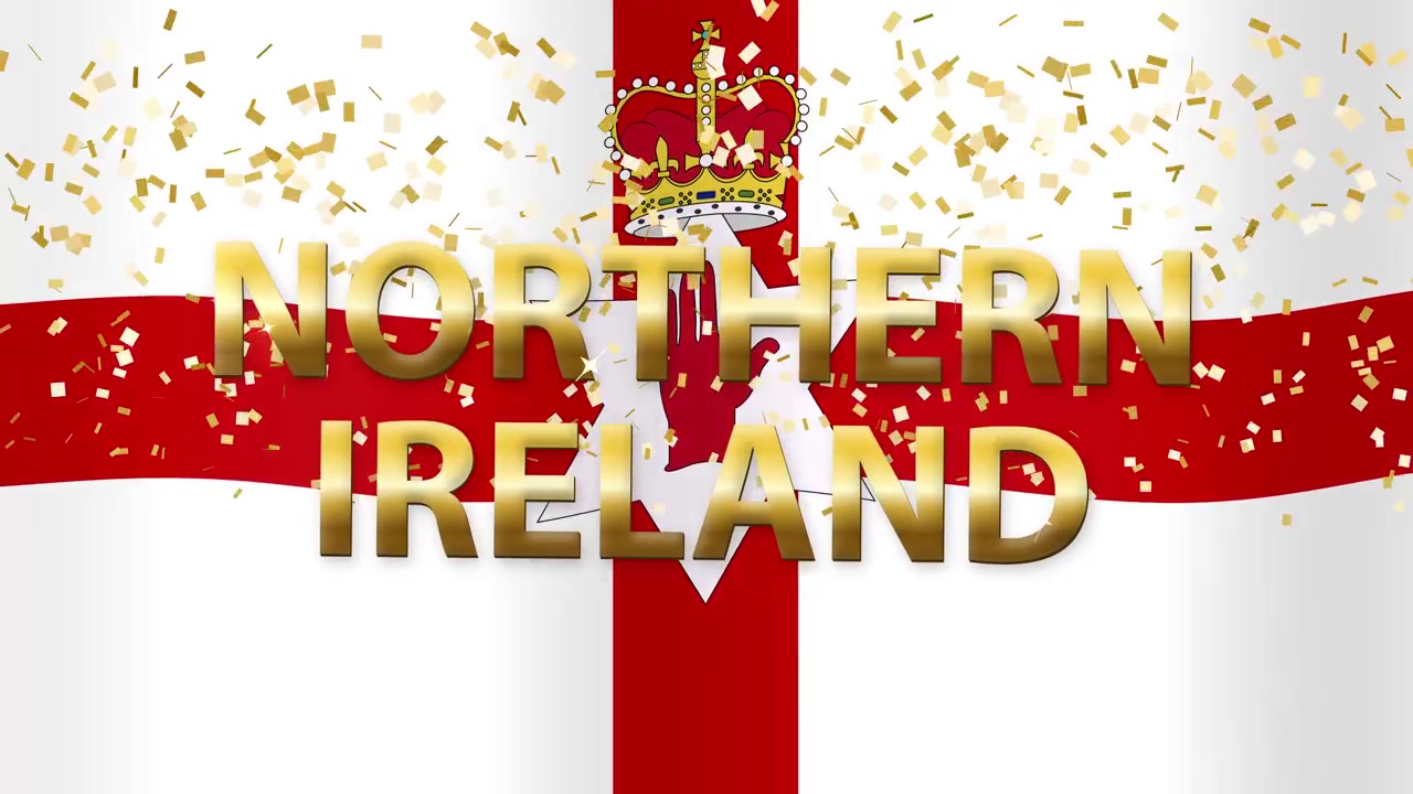 Animeret Ulster Banner-flag blafrer med gylden Nordirland-tekst og faldende festlige glimmerpartikler
