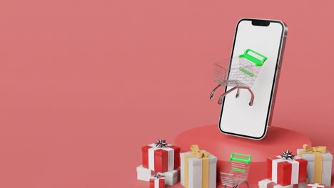 las compras en línea. carrito de compras sobre fondo rojo