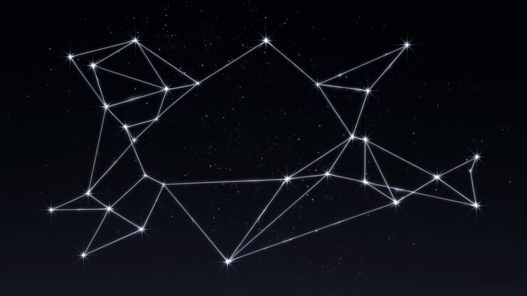 Stelle scintillanti che formano una rete astratta nel cielo notturno buio