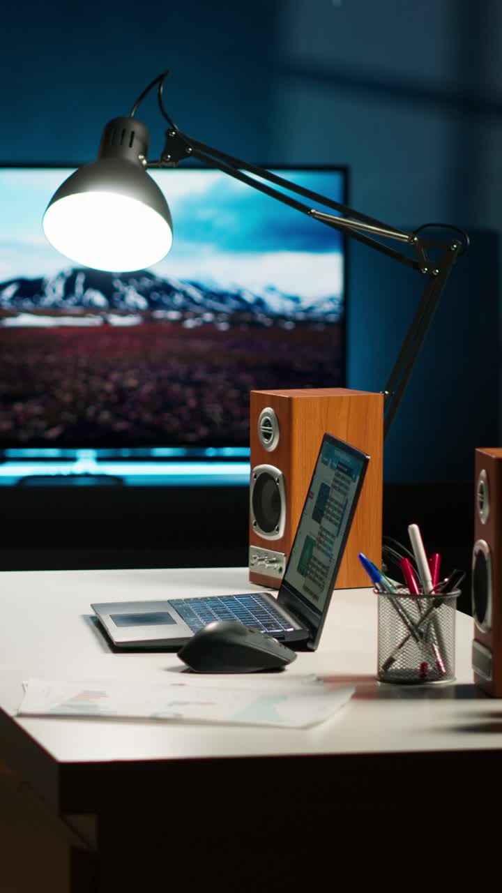 Workspace with Laptop, Speaker, and Television