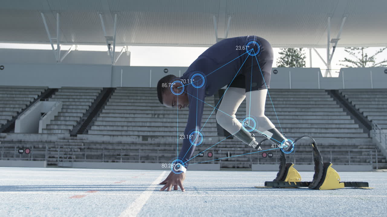 red de conexiones y un atleta con piernas protésicas en los bloques de partida comenzando una carrera