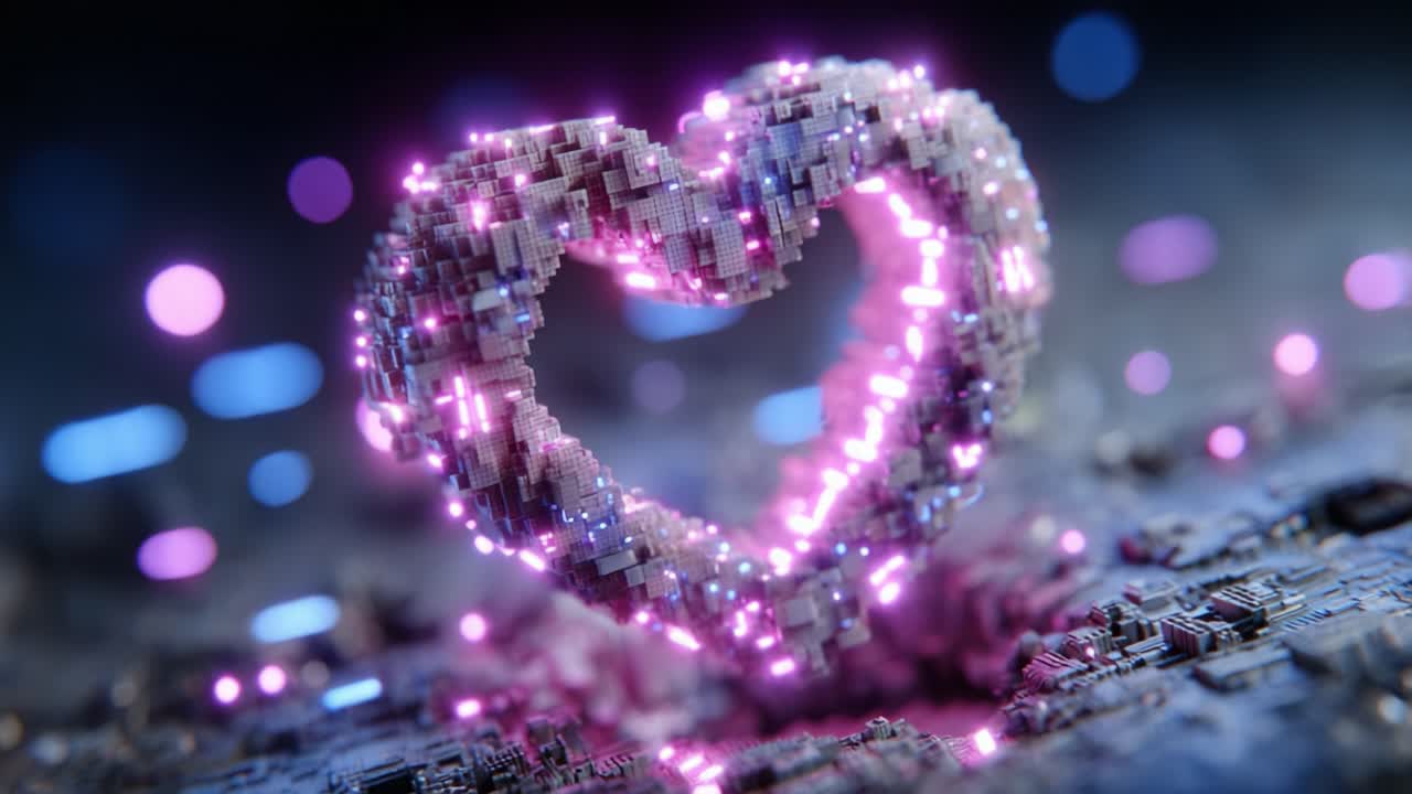 A Vibrant Digital Heart Structure Glowing with Colorful Light Particles, Capturing the Essence of Love in a Futuristic and Abstract Form