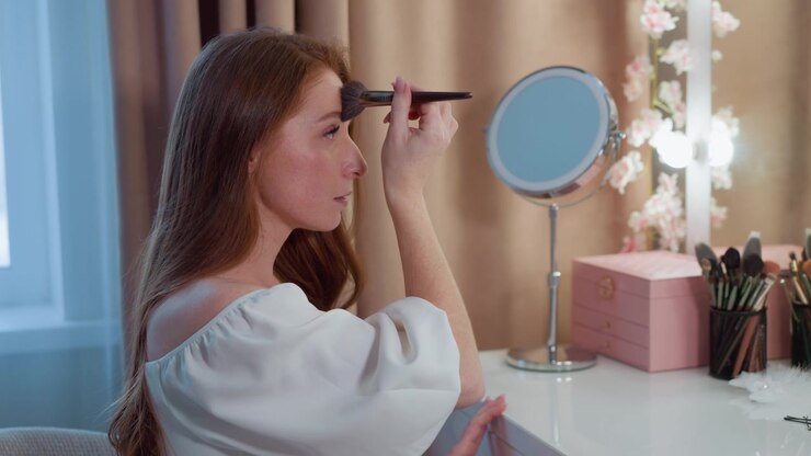 Young lady applies eyeshadow using brush in front of round mirror decorated with flowers. scene features soft lighting from nearby window and vanity lights organized makeup brushes on table
