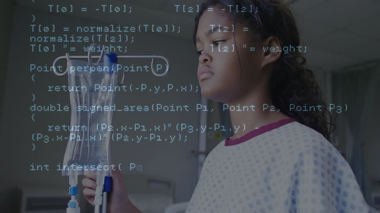 female child patient holding IV pole in hospital ward, showing floating code for health tech