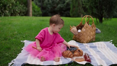 cute baby girl enjoying a picnic with blueberries and croissants