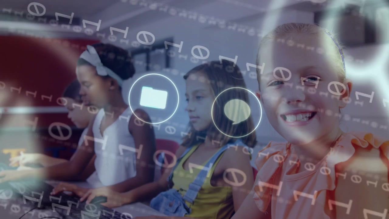 Smiling girl turning to camera, typing causing binary and tech icons centering on her for education