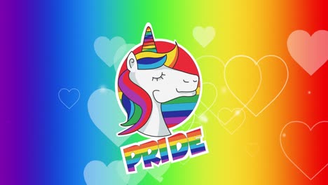 animación de texto de orgullo, unicornio y corazones.