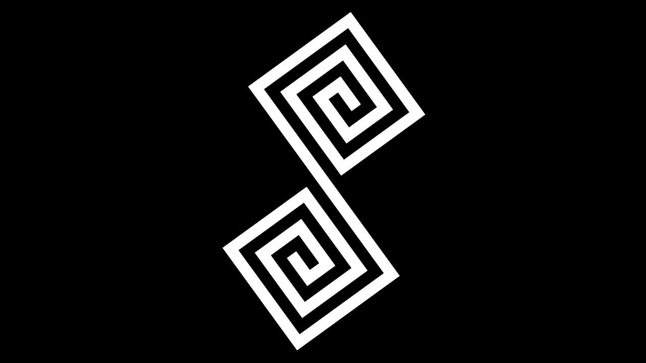 objeto gráfico en blanco y negro con efecto estroboscópico e hipnótico, que gira en el sentido de las agujas del reloj disminuyendo el tamaño de pantalla completa a desaparecer en el centro, en formato de video 16: 9