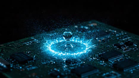 An electrifying moment captured as a droplet interacts with a circuit board, creating stunning visual effects of light and motion amidst technological intricacies