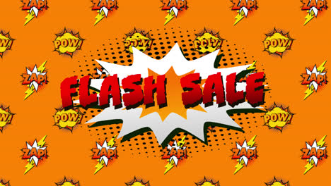 Flash-sale,-pow-and-zap-text-on-speech-bubble-against-orange-background