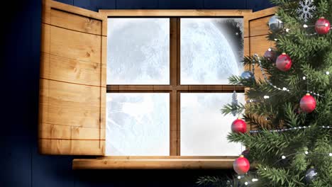 Santa claus and reindeer flying over moon, window view
