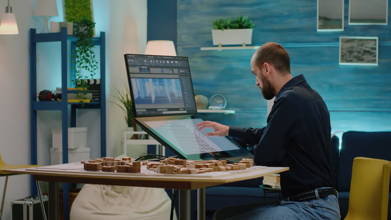Man architect using touch screen monitor with building model