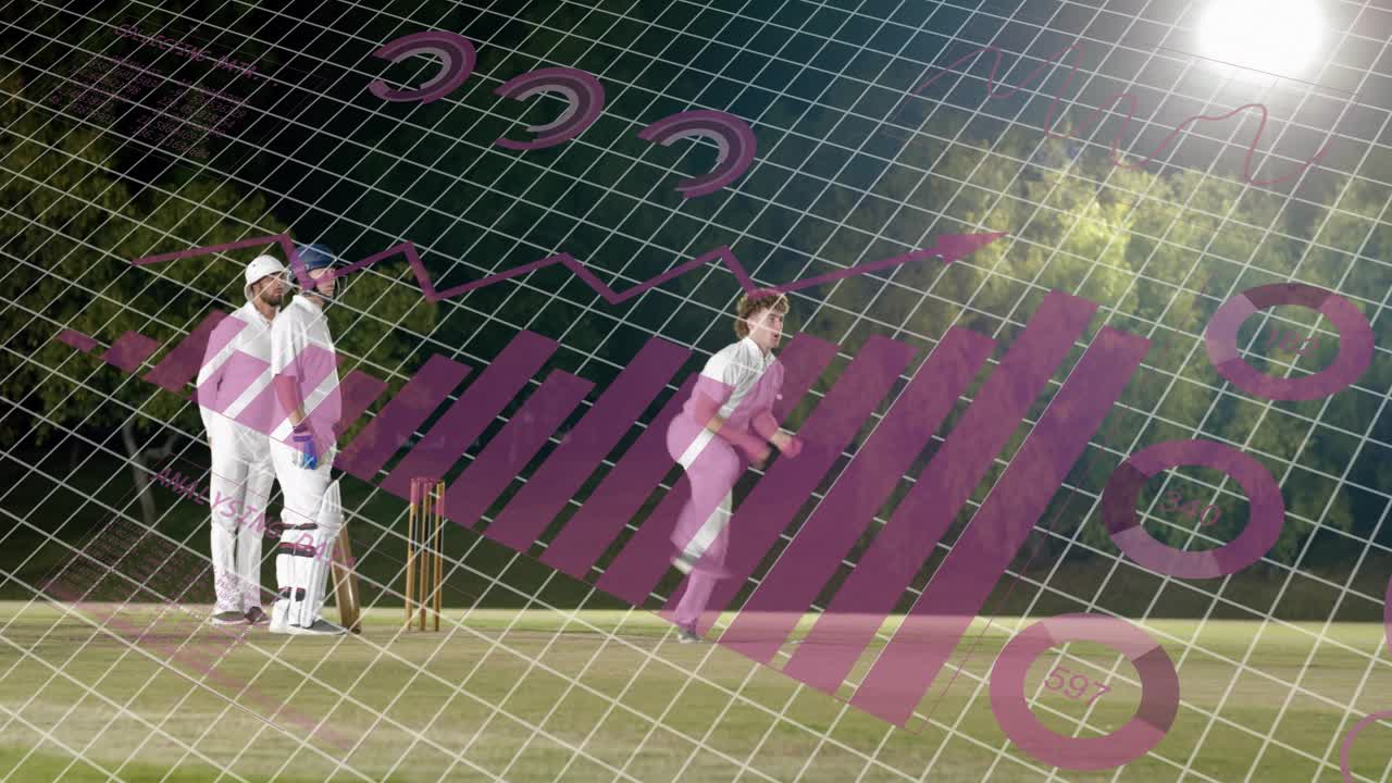 ボウラーが、クリケットグリッドのオーバーレイフレーミングチームの切り株を狙ってボールを放ち、話をした後、ランアップを開始。