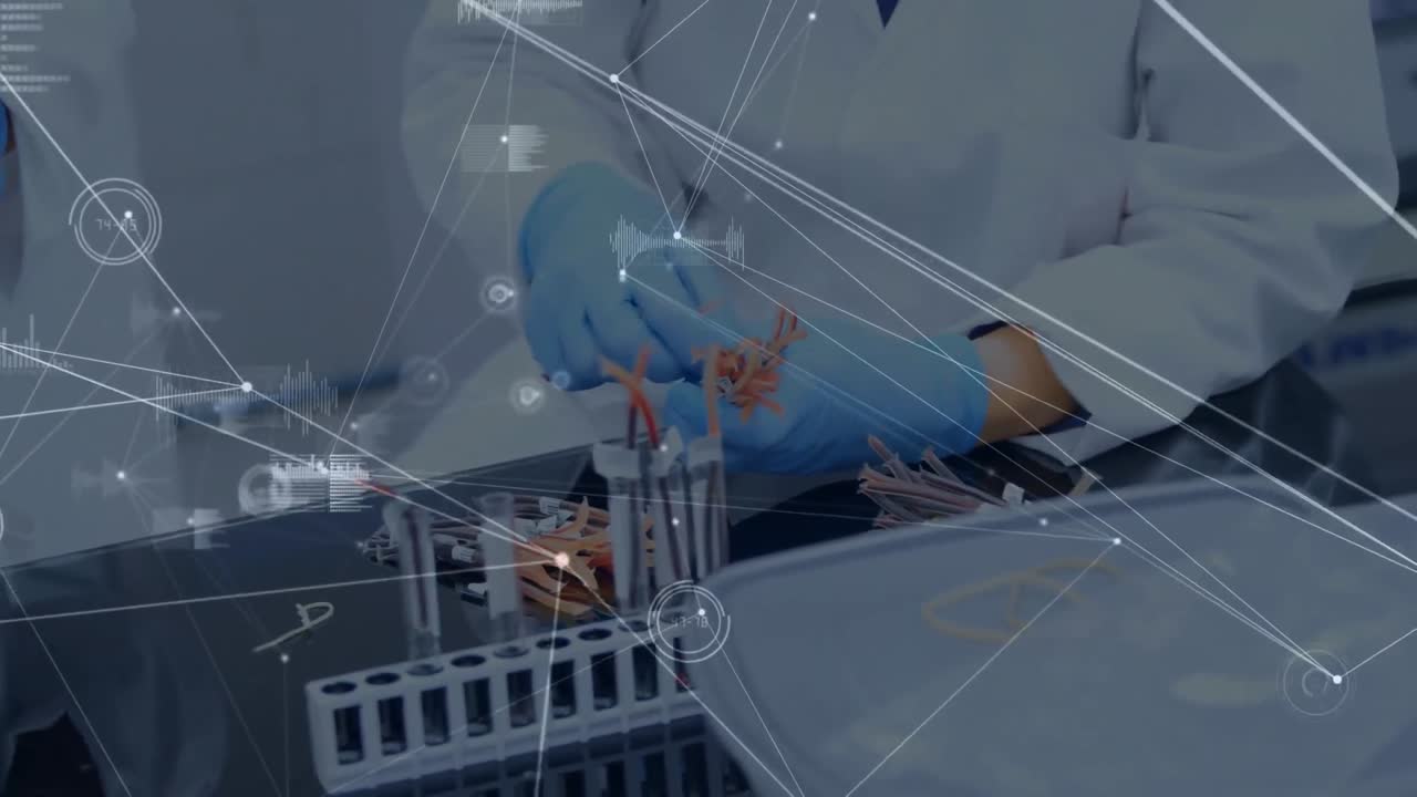 실험 튜브를 가진 의사들에 대한 데이터 처리의 애니메이션