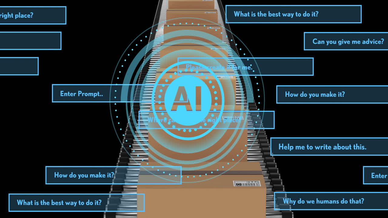 un símbolo con burbujas de texto sobre la escalera mecánica, que representa la asistencia de la inteligencia artificial