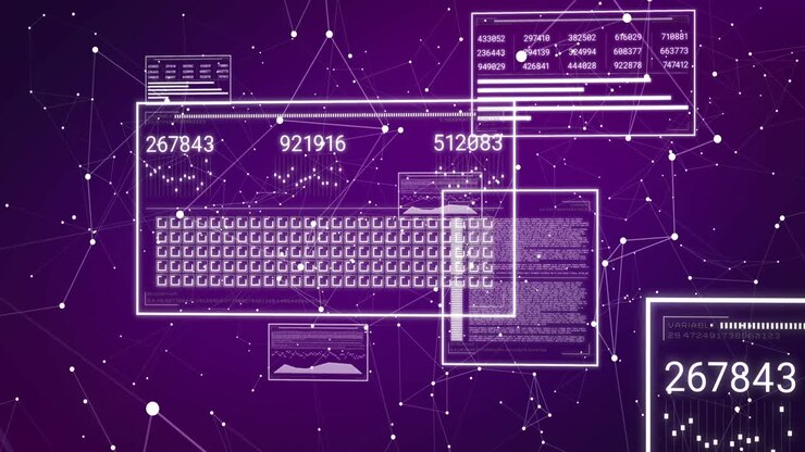 Animation of numbers changing and data processing on computer screens over purple background