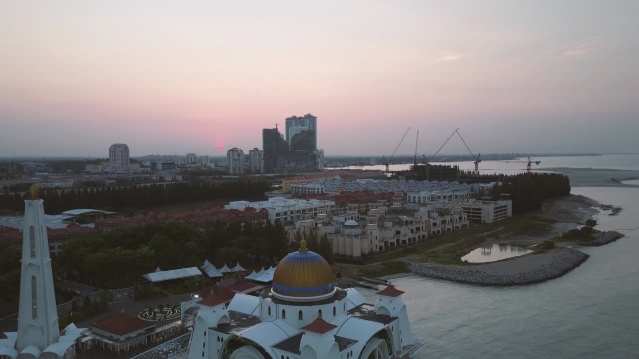 Aerial Footage - Sunrise at a mosque, The Melaka Straits Mosque