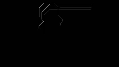 animation of white lines making a circuit, process of lightning up micro processing unit or making a scheme of subway metro map