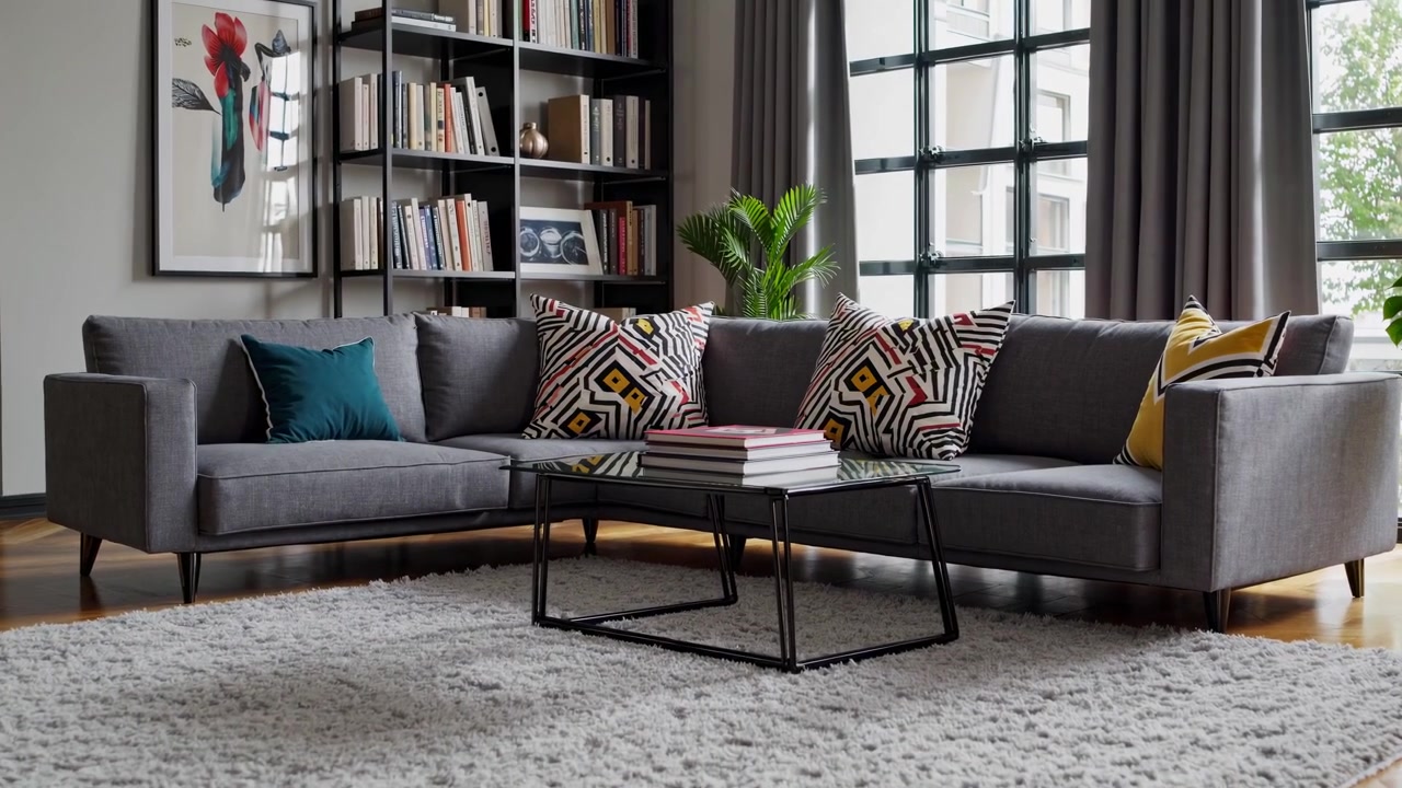 Modern Living Room Interior with Grey Sectional Sofa and Bookshelf