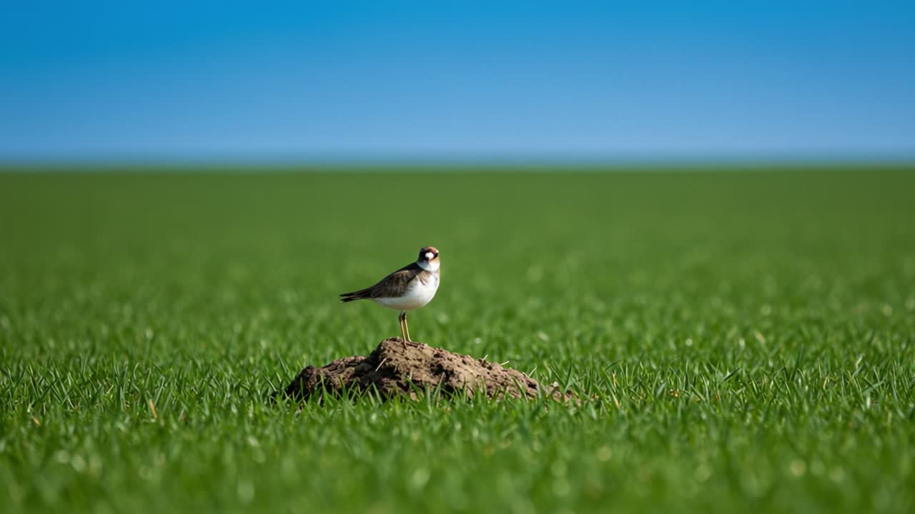 A solitary bird stands prominently on a mound amidst a vast green field, capturing a tranquil moment before it takes flight, framed by a clear blue sky