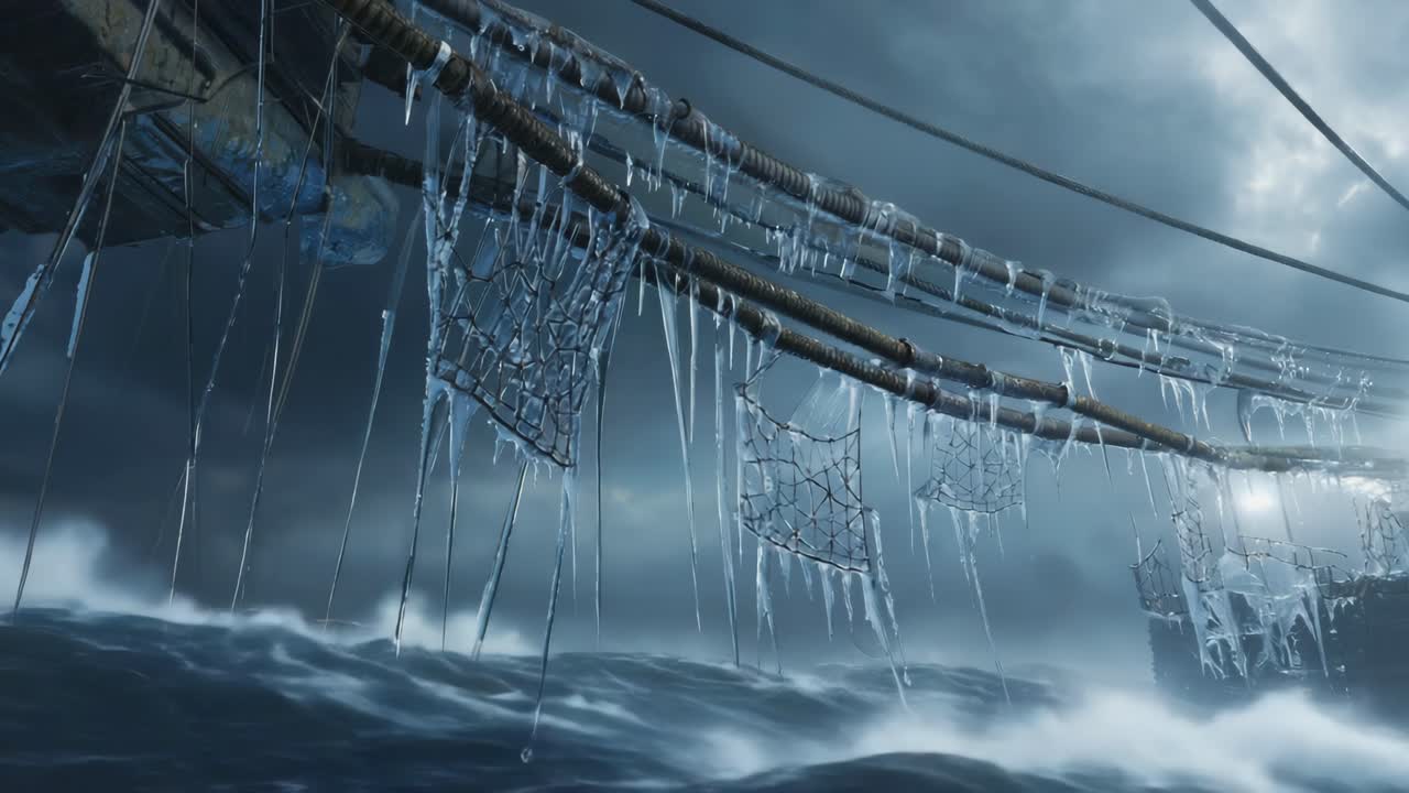 Icy Ship Rigging on a Stormy Sea