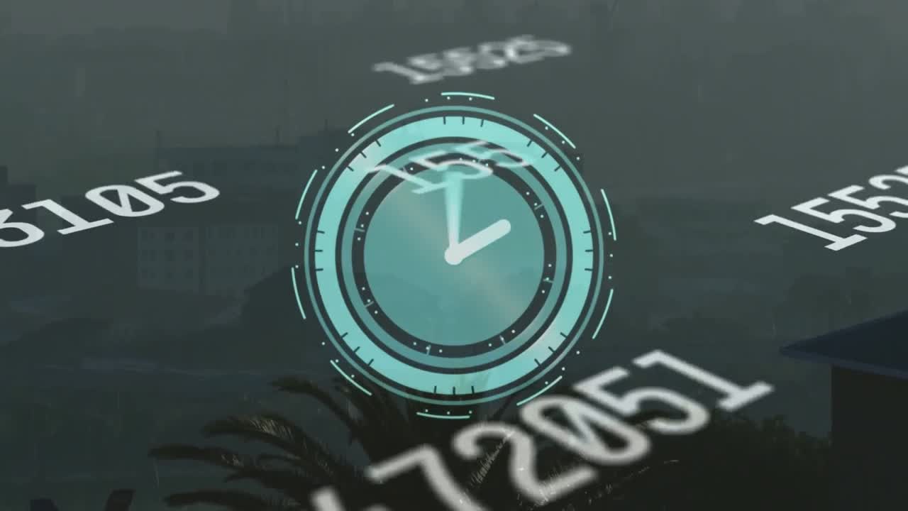 Animation of clock ticking and numbers over cityscape