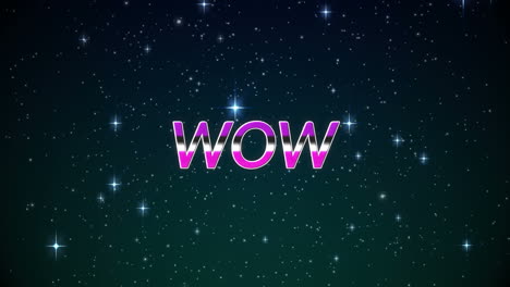 animación del texto wow en letras rosadas sobre estrellas brillantes y puntos de luz