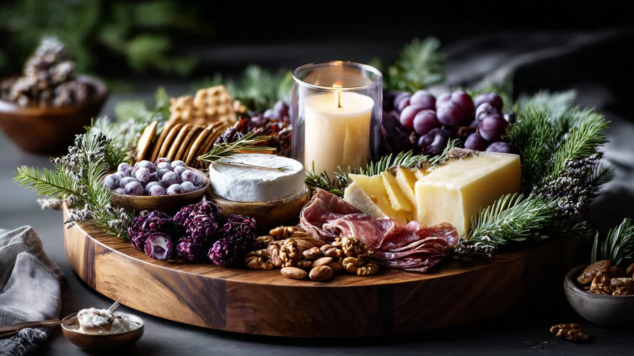 A beautifully curated charcuterie board featuring an array of gourmet cheeses, cured meats, fresh fruits, and decorative elements including a lit candle, perfect for gatherings and celebrations