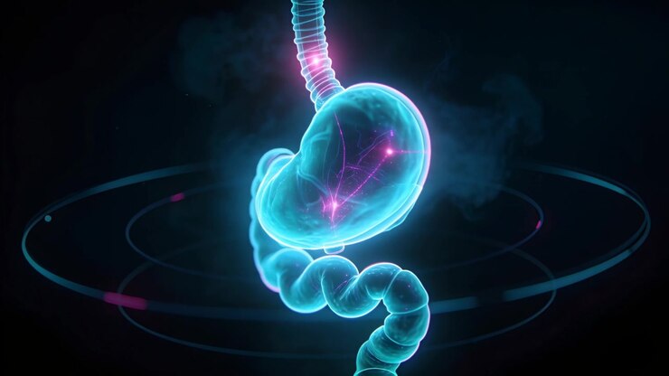 Rotating digestive tube showing stomach, bowel, pulsing magenta glows with rings starting in holo