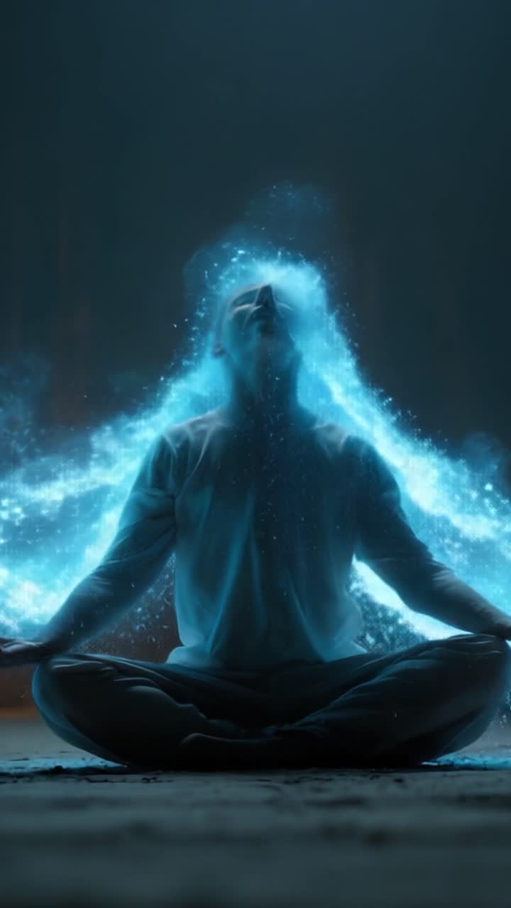 Un'anima meditativa circondata da energia eterea: Catturare l'essenza della pace interiore e della connessione cosmica in due cornici accattivanti.