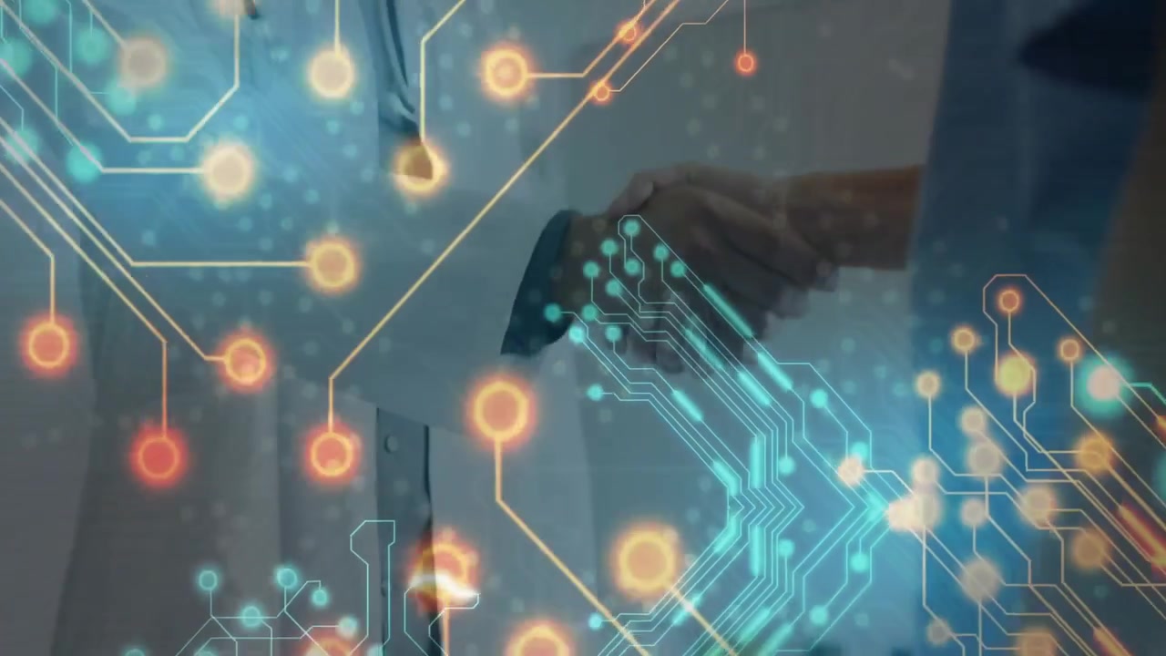 Male extending hand toward researcher shaking hands animating digital circuit for health alliance