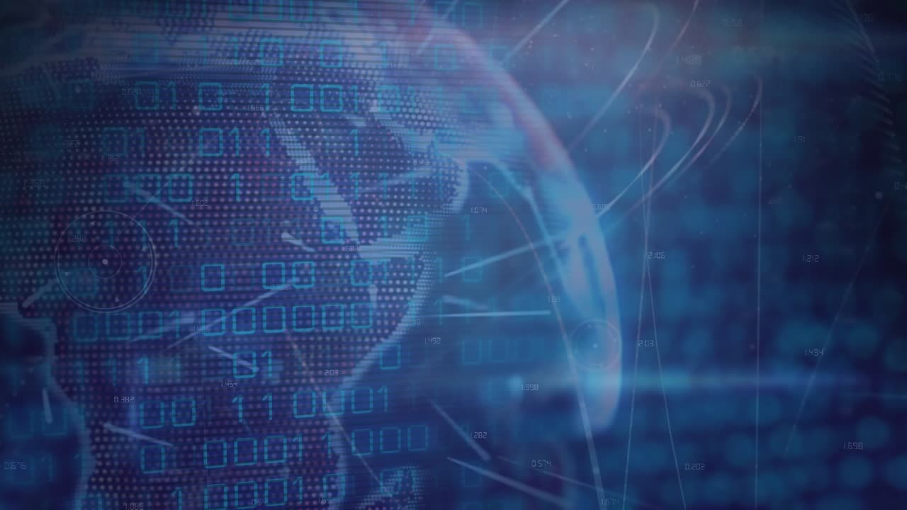 Animation of data processing and globe over blue background