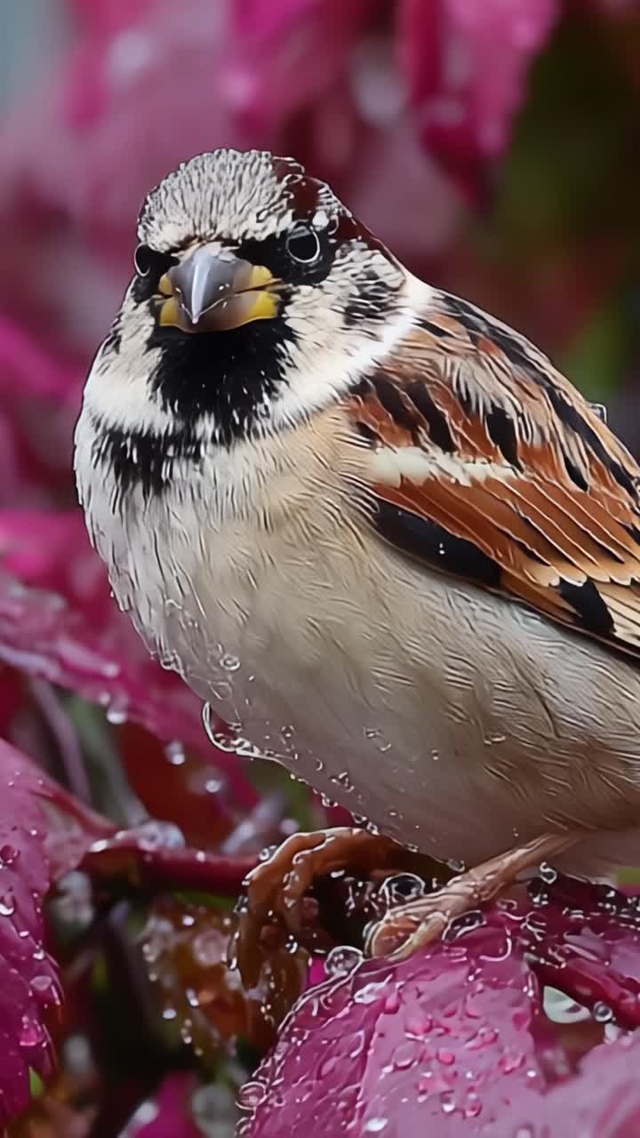 Un bellissimo passero appollaiato tra vivaci foglie rosa, catturato con dettagli mozzafiato, con gocce di pioggia che ne esaltano la bellezza naturale e le caratteristiche uniche.