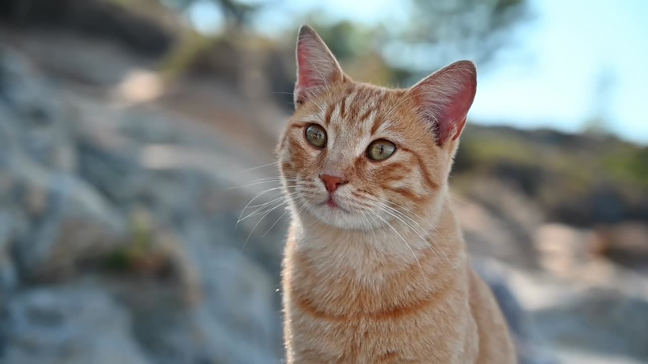 Gatto rosso che sta sulle rocce in Grecia. Rallentatore