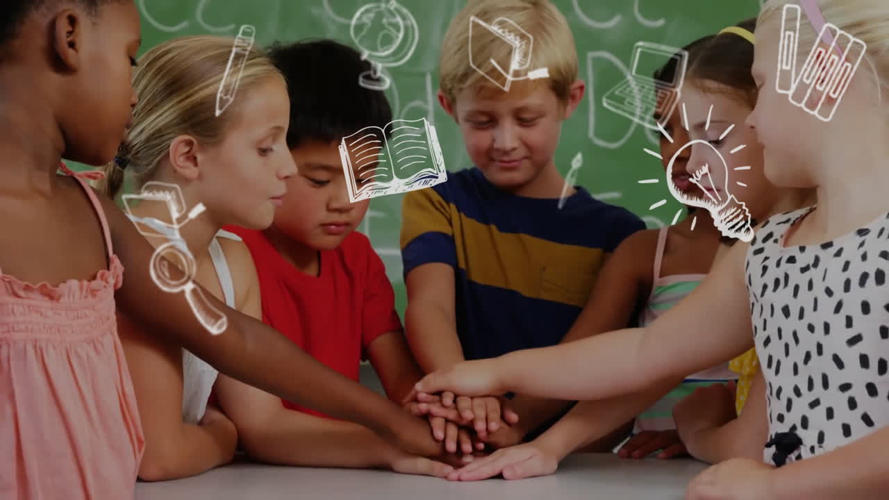 교실에서 다양한 학교 아이들 위에 교육 학교 아이콘의 애니메이션