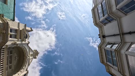 looking up at the sky between buildings