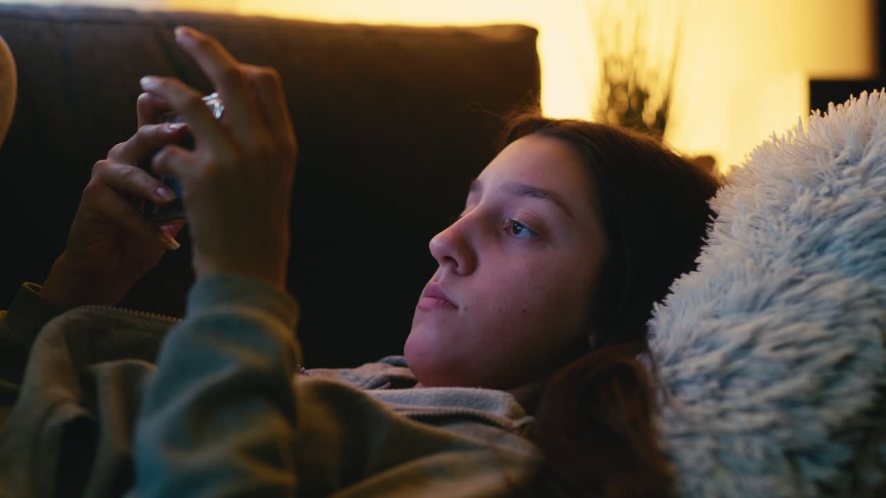 Teenage girl relaxing on a cozy couch, intently using her smartphone. Warm natural lighting enhances the tranquil and casual atmosphere.