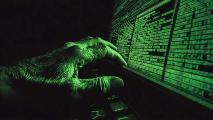 Et digitalt mysterium: Kunsten at hacke afsløret gennem mørke skygger og glødende data, der viser en mystisk hånd, som interagerer med indviklet kode på en baggrundsbelyst skærm i et cyberunivers